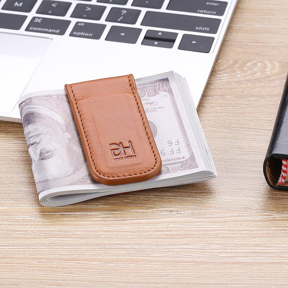 Slim Magnetic Money Clip Leather Minimalist Business Card Holder for Men, Brown