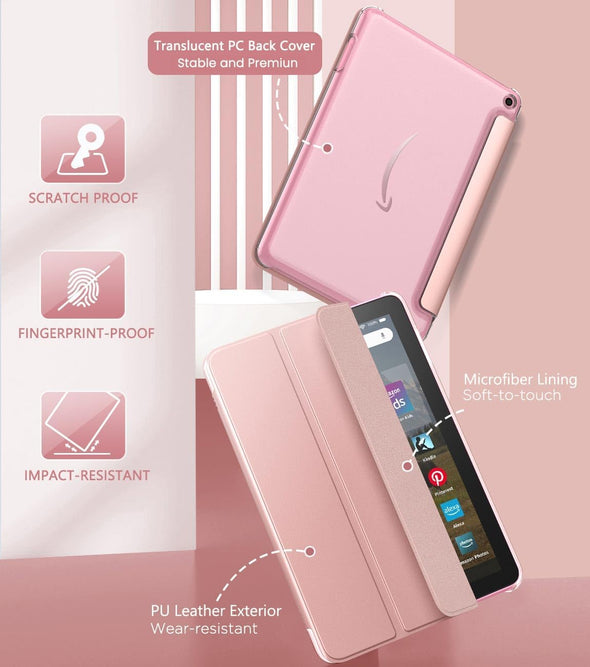 Moko Case Fits All-New Amazon Kindle Fire HD 8 & 8 plus Tablet(12Th Generation/10Th Generation, 2024/2022/2020 Release) 8",Trifold Stand Cover with Translucent Backshell with Auto Wake/Sleep,Rose Gold