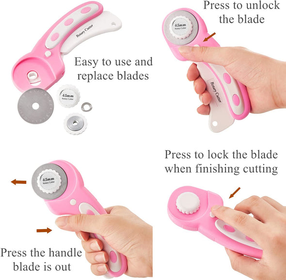 45Mm Rotary Cutter with 5Pcs Extra Blades, Ergonomic Handle Rolling Cutter with Safety Lock for Fabric, Leather, Crafting, Sewing, Quilting, Fabric Rotary Cutter Perfect for Left & Right Hand(Pink)