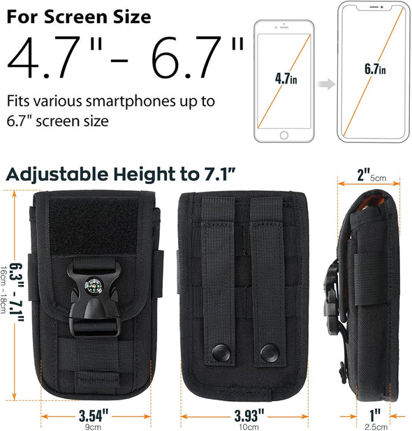 WYNEX Tactical Molle Phone Pouch with Compass Buckle, Tactical Phone Holster Molle Cell Phone Pouch Universal Belt Waist Bag for IP 15/14/13 Pro Max / S22/S21 with US Patch & Paracord Keyring Clip
