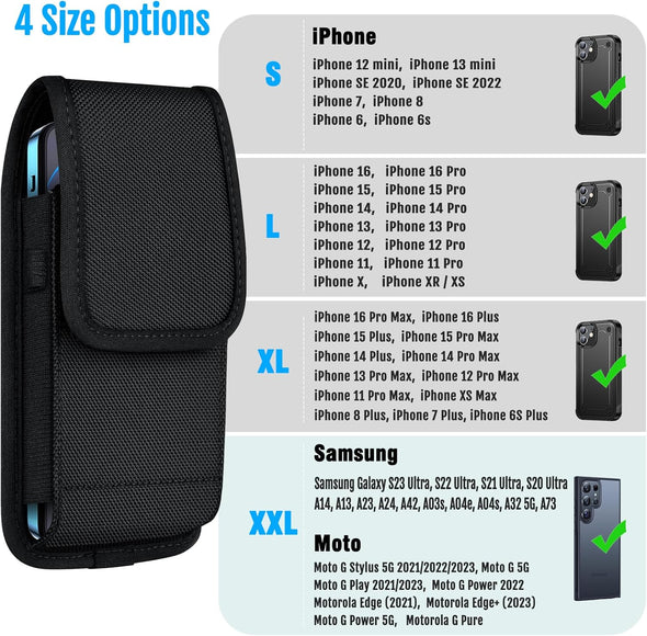 Ykooe Cell Phone Pouch Nylon Belt Holster Case Compatible with Iphone 16 15 14 13 12 11 & Pro Models, XR, Samsung Galaxy S20 S21 S22 S23 S24 S25, Black–L
