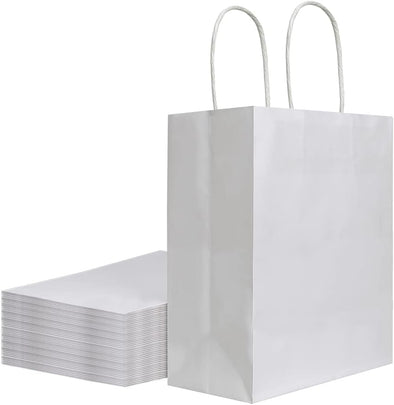 Bagmad 50 Pack 8X4.75X10 Inch Medium White Kraft Paper Bags with Handles Bulk, Gift Bags, Craft Grocery Shopping Retail Birthday Party Favors Wedding Sacks Restaurant Takeout, Business (50Pcs)