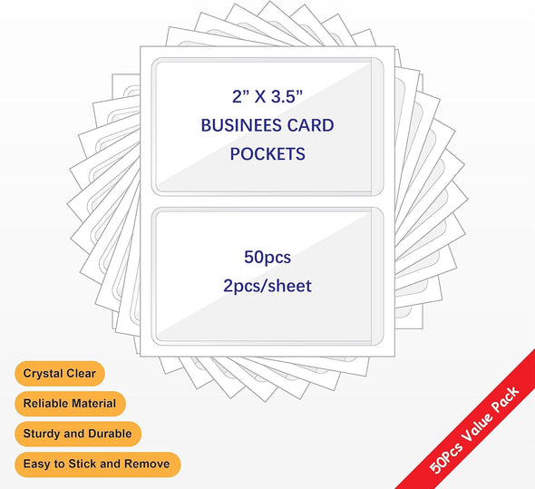 Clear Adhesive Business Card Pocket Swith Side Open for Loading, 50 Pack, Plastic Labels Holders for Storage Bins and Library Card, Ideal for Organizing and Protecting Your Business Cards