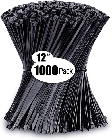 Zip Ties 12 Inch (1000 Pack), Black, 50Lbs Tensile Strength, UV Resistant Cable Ties for Indoor and Outdoor by Karoka