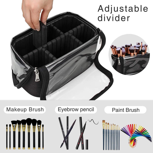 Makeup Brush Case Stand-Up Makeup Cup Travel Professional Cosmetic Bag Artist Storage Bag Large Makeup Brush Bag with Adjustable Divider (Large, Black)