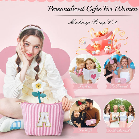 YOOLIFE Mothers Day Gifts for Women | Personalized Initial Makeup Bag | Pink Cosmetic Bag Travel Bag | 11 12 13 14 15 16 Years Old Girl Gifts Graduation Teacher Gifts Teen Girl Gifts Trendy Stuff A