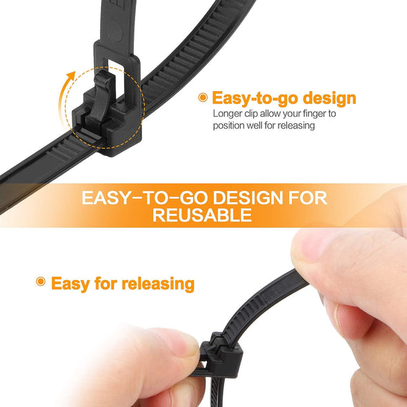 SOOOEC 200 Pack Reusable Zip Ties Assorted Sizes 6+8+10+12 Inch UV Resistant, Black Zip Ties Heavy Duty Outdoor Releasable round Ending No Hurt, Cable Ties Reusable Tie Wraps Indoor Non Slip Off