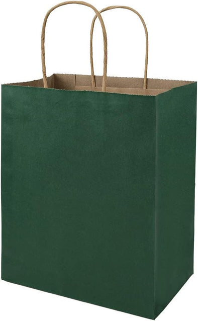 Bagmad 100 Pack 8X4.75X10 Inch Medium Green Gift Paper Bags with Handles Bulk, Kraft Bags, Craft Grocery Shopping Retail Party Favors Wedding Business Sacks (Dark Green, 100Pcs)