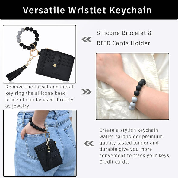 BAOSIWA Silicone Bracelet Keychain Wallet for Women Wristlet Card Holder Slim RFID Wallet with Zipper Pocket