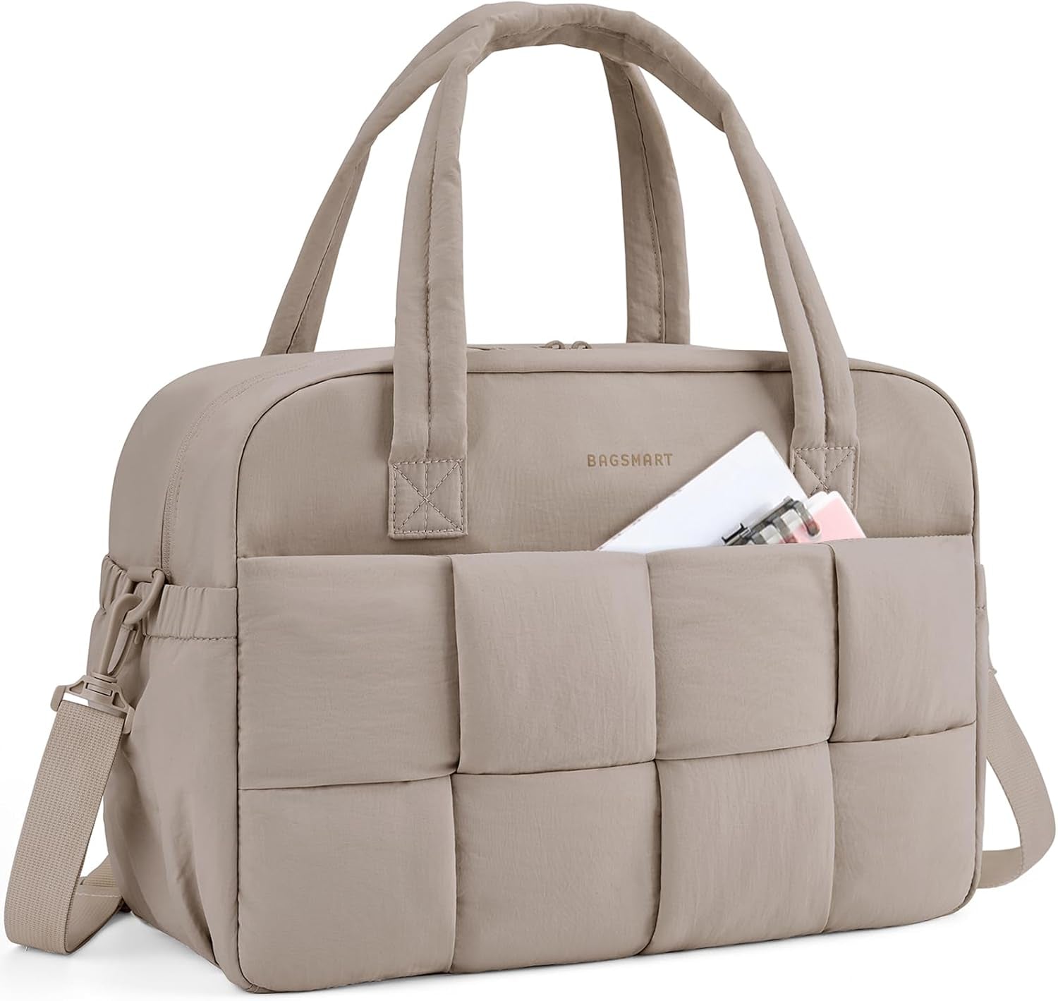 Puffy Gym Tote Bag Travel Duffle Bag Weekender Overnight Bag Hospital Diaper Bag, 24L, Camel