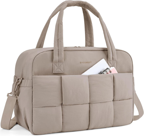 BAGSMART Gym Bag for Women, 29L Puffer Travel Duffle Bag for Travel with Laptop Compartment, Weekender Bags for Women, Carry on Duffel Bag Personal Item Bag, Camel