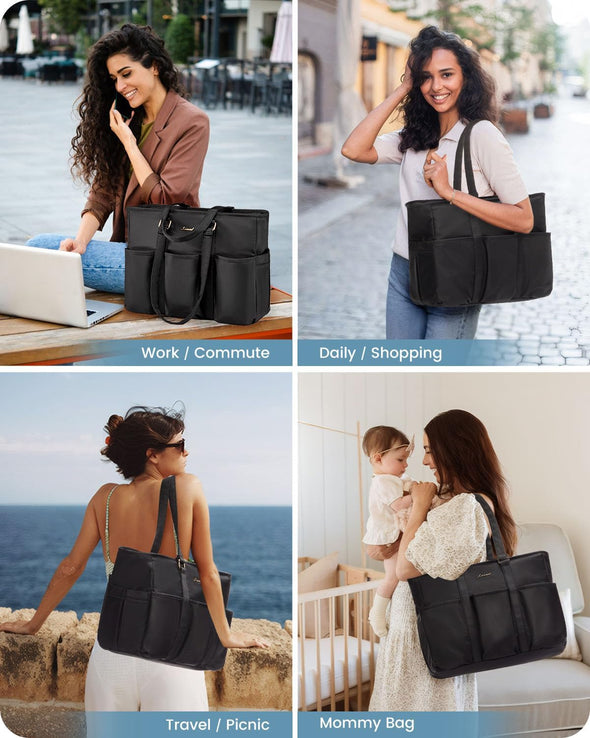 LOVEVOOK Laptop Tote Bag for Women Work, Teacher Tote Bag Nurse Bag with Large Cup Holder, Utility Professional Computer Bag for Work/Travel/College/Daily, Large Purse Handbag with Multi Pockets