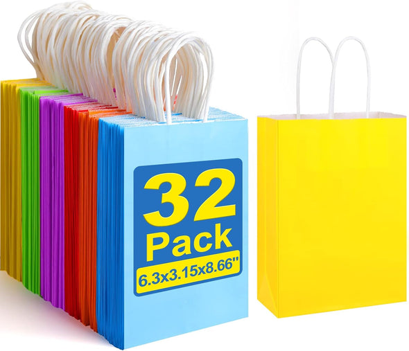 XPCARE 32Pcs Paper Gift Bags, 6.3"X3.15"X8.66" Kraft Paper Party Favor Bags Bulk Rainbow Goodie Bags Small Gift Bags with Handles for Kids Birthday Baby Shower Crafts Wedding Party Supplies (6 Colors)