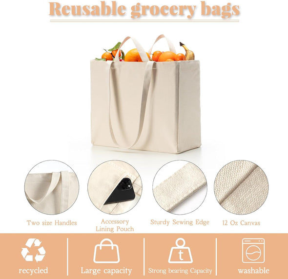 LINICE Reusable Grocery Bags Shopping Bags for Groceries Foldable Heavy Duty Canvas Tote Bag Washable Canvas Bag with Handles (3 Pack)