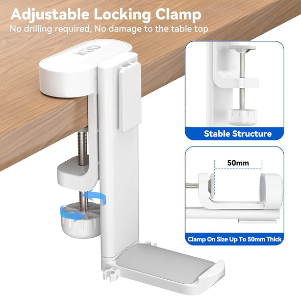 KDD 4-In-1 Desk Organizer - under Desk Cup Holder and Headphone Hanger with 2 Wire Holes - Rotating Hanger and Detachable Storage for Cup, Phone and Pen (White)
