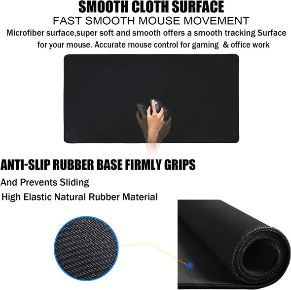 TEDNETGO Large Gaming Mouse Pad, Waterproof Extra Large Big Mouse Pad with Stitched Edge, XXL Non-Slip Black Computer Long Mousepad Desk Mat for Gamer, Office & Home, Black