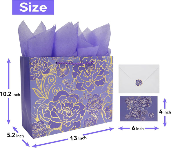 Qirrmiy 13" Large Rose Purple Gift Bag Set with Greeting Card and Tissue Paper for Women or Girls for Celebrating Birthdays, Valentine'S Day, Weddings, Anniversaries, Mother'S Day