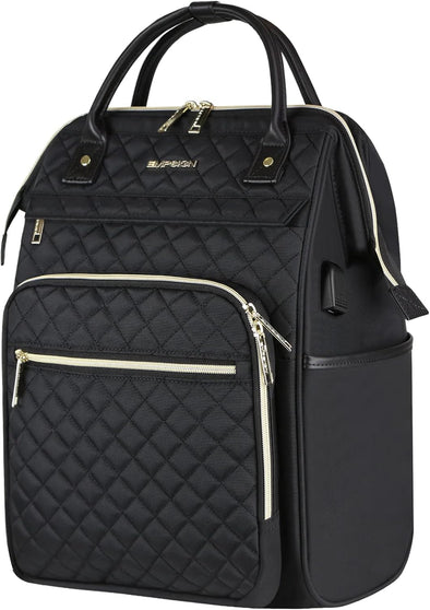 EMPSIGN 17 Inch Laptop Backpack for Women, Work Business Travel Computer College Bags, Large Capacity Water-Repellent Quilted Casual Daypack with USB Port, Black