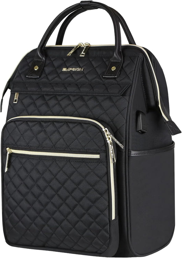 EMPSIGN 17 Inch Laptop Backpack for Women, Work Business Travel Computer College Bags, Large Capacity Water-Repellent Quilted Casual Daypack with USB Port, Black