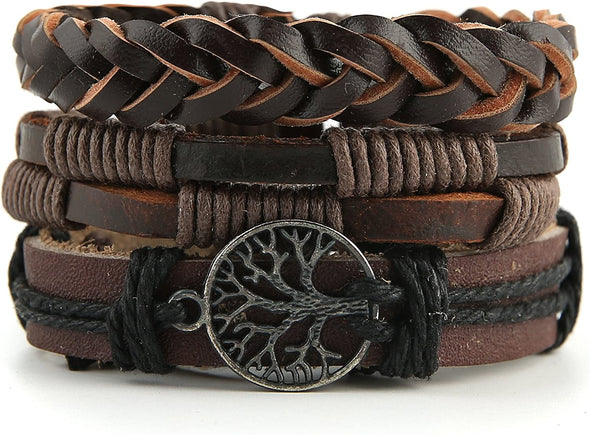 HZMAN Genuine Leather Tree of Life Bracelets Men Women, Tiger Eye Natural Stone Lava Rock Beads Ethnic Tribal Elastic Bracelets Wristbands