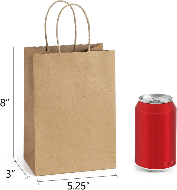 Bagdream Small Gift Bags 25Pcs 5.25X3X8 Kraft Brown Paper Bags with Handles, for Small Gifts, Birthday, Wedding Party Favor, Retail Merchandise Paper Sacks