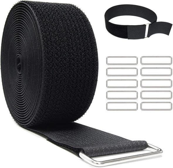2"X16Ft Reusable Cinch Strap with 10 Metal Buckles, Cut-To-Length Fastening Securing Straps, Adjustable Nylon Cable Straps and Cord Ties for Organizer or Storage, 2 Inch Wide, Black