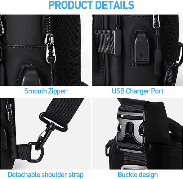 SEAFEW anti Theft Sling Crossbody Backpack Shoulder Bag for Men, Lightweight One Strap Motorcycle Back Pack Sling Bag Backpack for Hiking Walking Biking Travel Cycling with USB Charger Port
