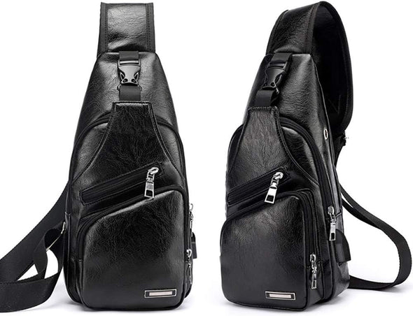 Peicees Leather Sling Bag Mens Crossbody Bag Chest Bag Sling Backpack for Men with USB Charge Port