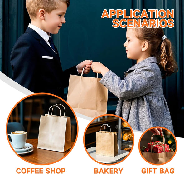 METAPRINT 100 Pack 8X4.5X10.8 Inch Medium Paper Gift Bags with Handles Bulk, Brown Kraft Paper Bags for Grocery Shopping Retail, Birthday, Party Favors, Wedding