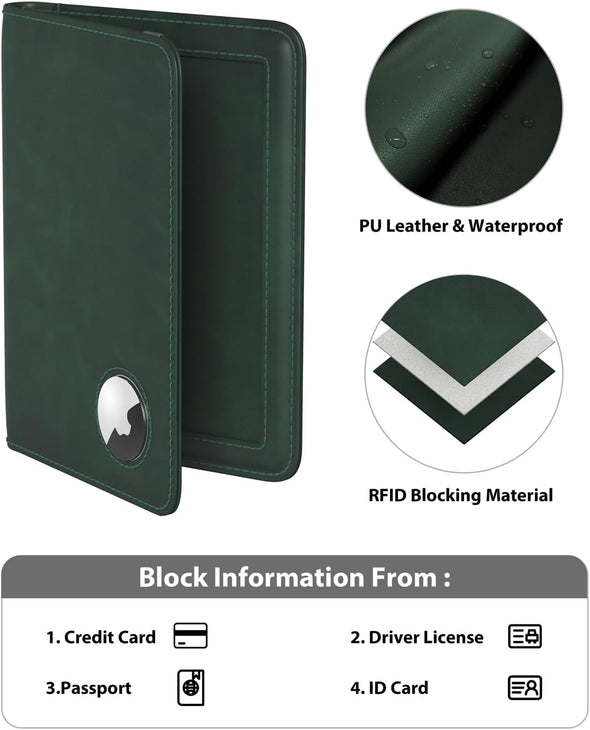 Passport Holder with Airtag Slot, Airtag Passport Wallet for Men, Slim Leather Passport Holder Case Family for Travel Anti-Lost, Green