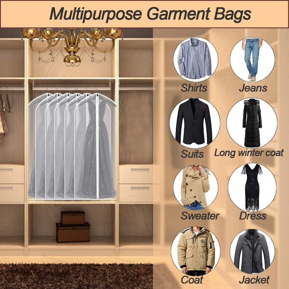 Hanging Garment Bags Cover 24''X48'' Lightweight Clear White Suit Protector Cover Bag (Pack of 6) with Study Full Zipper for Suit Clothes Storage Closet