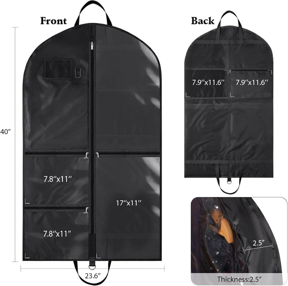 Univivi Dance Costume Garment Bag, 40" Waterproof Hanging Bag for Travel, Kids Clothes Bag with 5 Clear Pockets and Handles for Costumes and Sports, Black