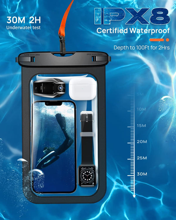 Lanhiem 10.5" Large Waterproof Phone Pouch, 2 Pack Universal IPX8 Waterproof Dry Bag with Lanyard for Iphone 16 15 14 Pro Max, Samsung Galaxy S25 S24 S23 Ultra, S24 FE, Pixel 9A 8 Pro, Black+Black