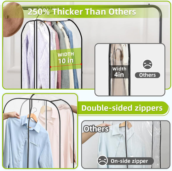 LANDNEOO 6 Pack Clear Garment Bags for Hanging Clothes with Zippers on Double Sides - 10'' Gusseted Clothes Storage for Coat, Dress, and Fur in Closet - 40'' Long Suit Bags