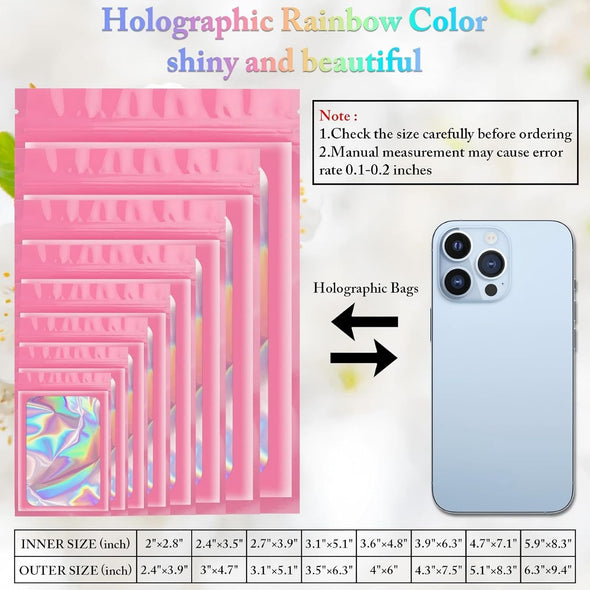100 Pack Holographic Bags, Resealable Bags Packaging Bag with Clear Window Resealable Odor Foil Pouch for Food Storage, Lipgloss&Jewelry Lash Packaging(Pink, 2.4 X 3.9 Inch)