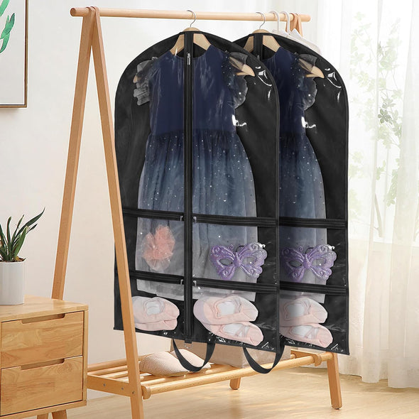 KEEGH Clear Garment Bags for Dance Costumes 40 Inch Dance Garment Bags for Dancers Hanging Clothes for Closet Storage, with 4 Zipper Pockets for Dance Competitions, Ballet, Theatre, 6 Pack, Black