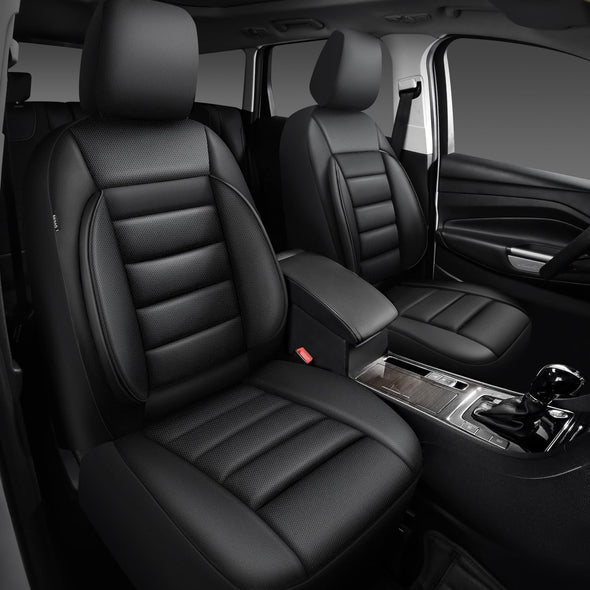 CAR PASS Faux Leather Car Seat Covers Front Seats Only, 3D Foam Support Car Seat Covers, Universal Fit for Trucks Vans Suvs Sedans Automotive Comfortable, Airbag Compatible 2 Pieces Front Solid Black