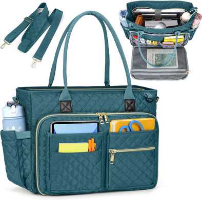 RAINSMORE Teacher Tote Bag 15.6 Inch Laptop Bag for Women Work Bags Laptop Tote Nurse Bag Professional Computer Messenger with Insulated Pocket, Laptop Briefcase for Office, College, Nursing, Teal