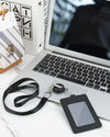 PU Leather Badge Holder with Lanyard, Black Lanyard with Retractable Reel Clips, Multiple Card Slots with Leather Snap, ID Badge Holder for Office Staff Doctor Teacher