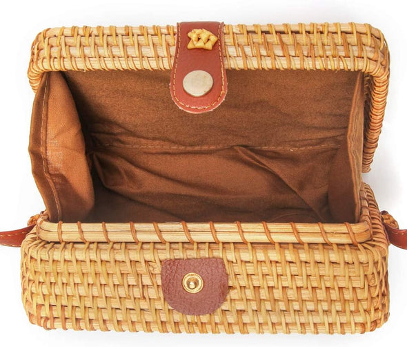 Crazypiercing Wicker round Square Crossbody Rattan Bag, Women Boho Bag Clutch Woven Handbag