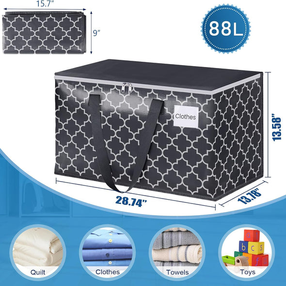 Extra Large Moving Bags, Heavy-Duty Storage Totes with Zipper Top and Sturdy Handles, Moving Supplies for Space Saving and Packing, Collapsible Storage Bags, Black & Gray, 88L, 6-Pack