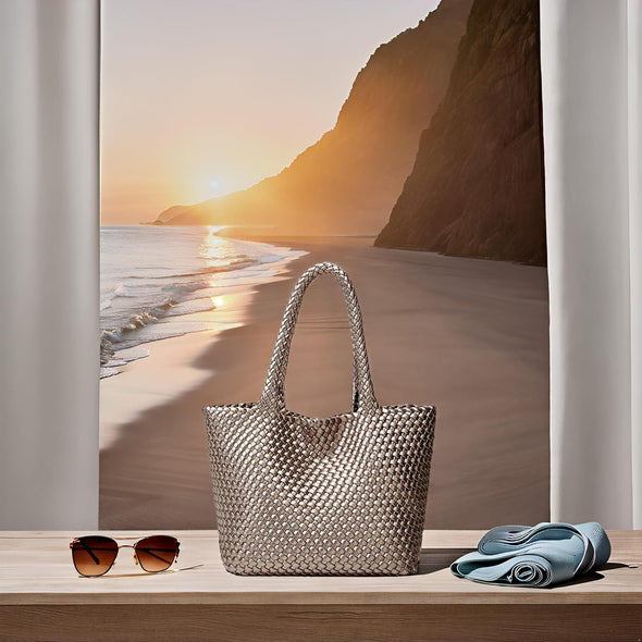 Woven Tote Bag Womens Purse: Vegan Leather Shoulder Handbags - Fashion Summer Beach Tote Bags - Large Travel Totes