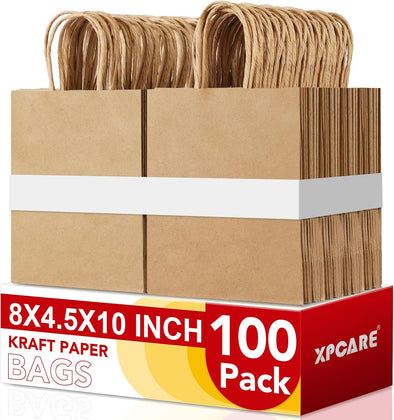 XPCARE 100Pack Brown Paper Bags 8X4.5X10 Inch, Plain Medium Paper Bags with Handles Bulk, Kraft Paper Gift Bag, Retail, Party, Shopping, Favor Bag