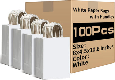 RACETOP White Paper Bags with Handles Bulk 8"X4.5"X10.8" 100Pcs Gift Bags Medium Size, White Gift Bags with Handles, Gift Bag Bulk for Retail, Party, Shopping, Merchandise