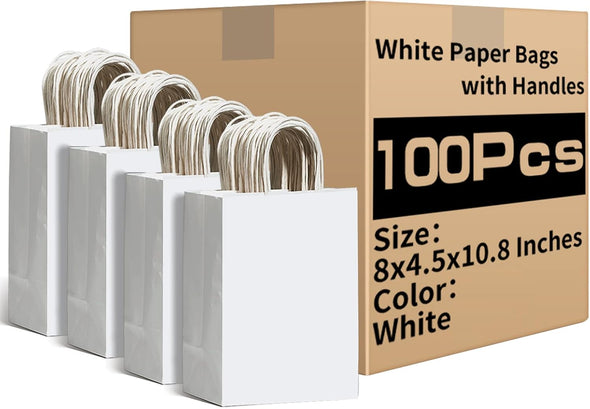RACETOP White Paper Bags with Handles Bulk 8"X4.5"X10.8" 100Pcs Gift Bags Medium Size, White Gift Bags with Handles, Gift Bag Bulk for Retail, Party, Shopping, Merchandise