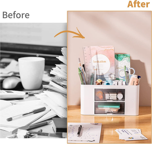 Marbrasse Pen Organizer with 2 Drawer, Multi-Functional Pencil Holder for Desk, Desk Organizers and Accessories with 5 Compartments + Drawer for Office Art Supplies (White)