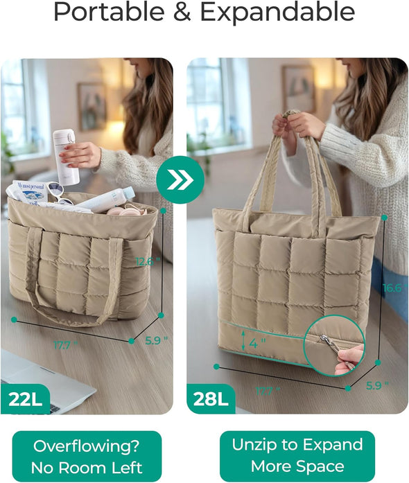 BAGSMART Expandable Tote Bag for Women, Puffer Work Tote Water-Resistant Quilted, Nurse and Carry-On Travel Gym Bag