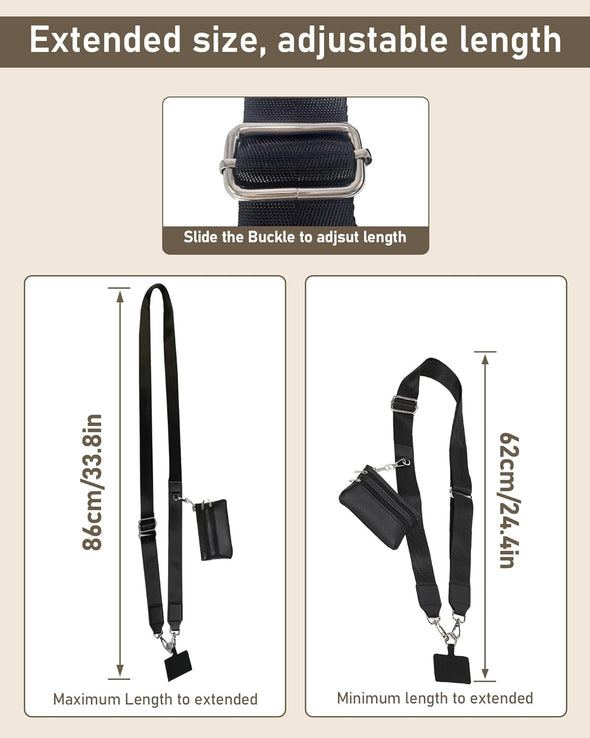 Clip and Go Strap for Phone with Wallet Crossbody,Adjustable Phone Strap with Zippered Pouch,Upgraded and Extended in Length, Crossbody Phone Strap with Wallet,Save Girls Cross Body Lanyard(Black）