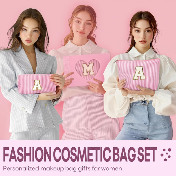 2 PCS Initial Makeup Bags for Women: Cosmetic Bag for Travel Toiletry - Birthday Gifts for 11 12 13 14 15 16 17 18 Years Old Girl Graduation Teacher Gift- Teen Girl Gifts Trendy Stuff - Pink A