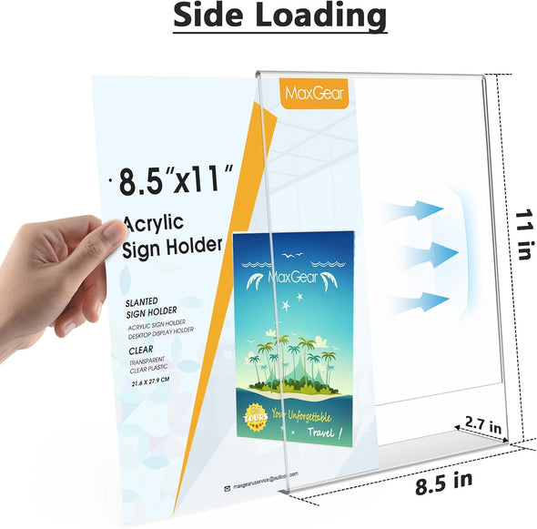 Maxgear 6 Pack Acrylic Sign Holder 8.5 X 11, Plastic Paper Holder with Vertical Slanted Back, Picture Photo Frames Display Stand Flyer and Document Organizer for Office Desktop Use